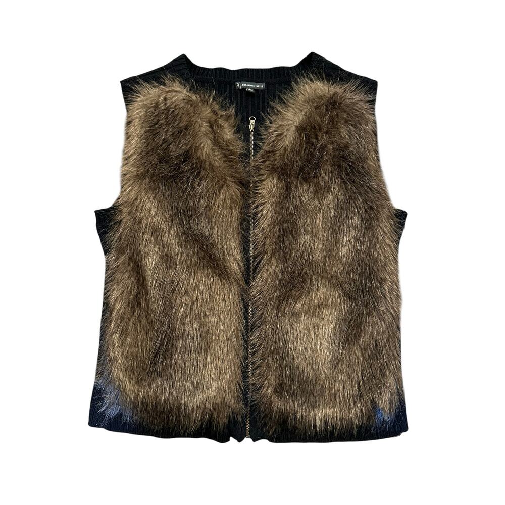 Adrianna Papell Faux Fur Front Knit Vest Black/Brown Size L MobWife QuietLuxury